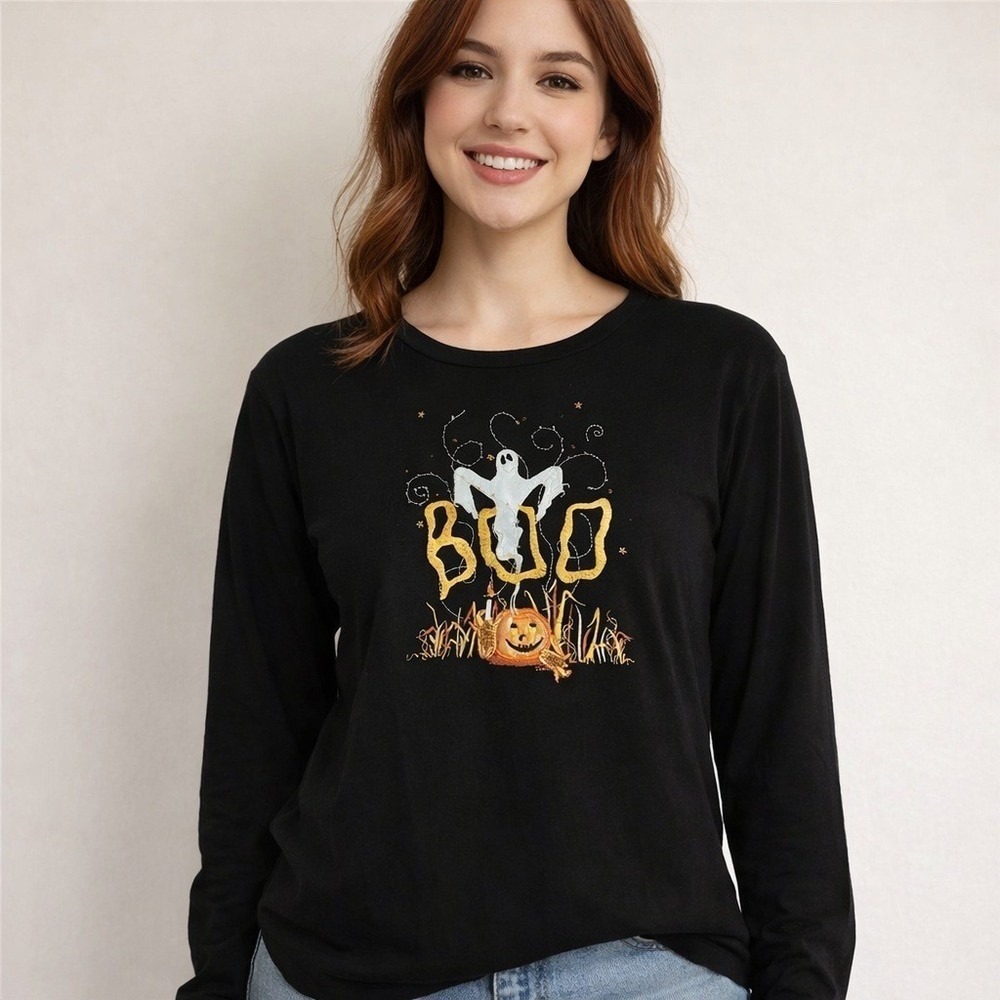 Halloween Black Embroidered Sequin Cotton Tee Top XL Y2K Deadstock Spooky Cute